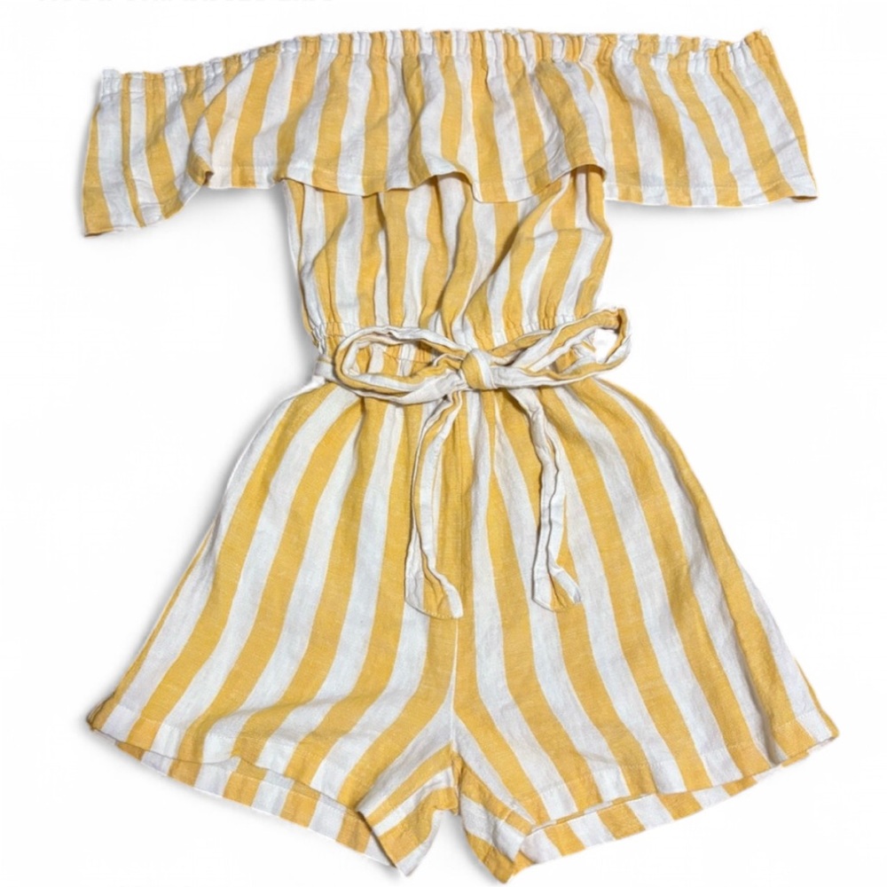 Love Tree Yellow and White Striped Linen Blend Romper with Belt - Small